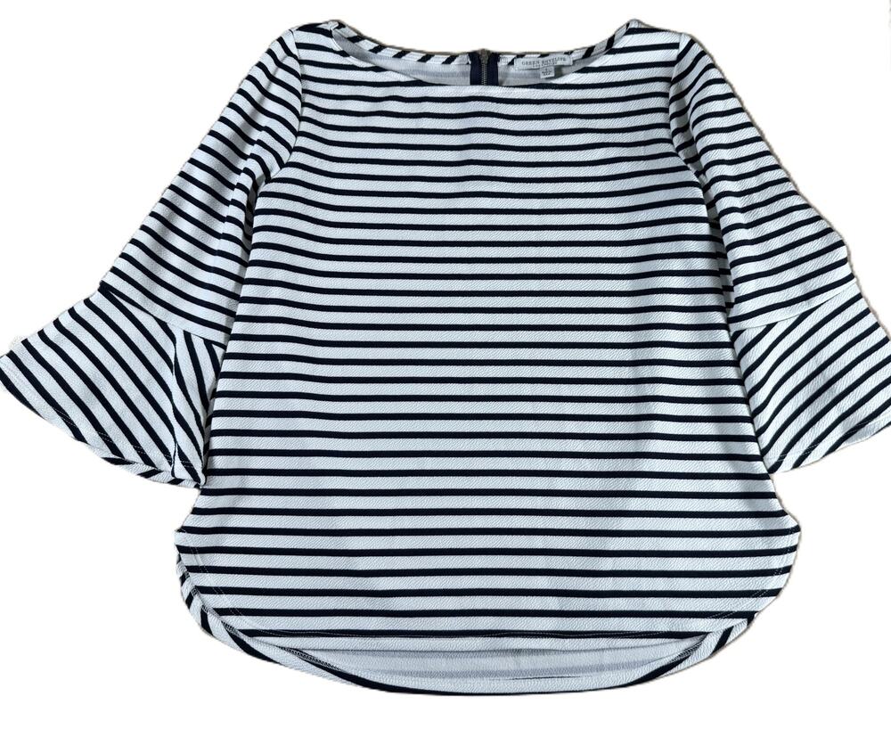 Green Envelope Navy White Striped Bell Sleeve Top Women’s Large Nautical Coastal